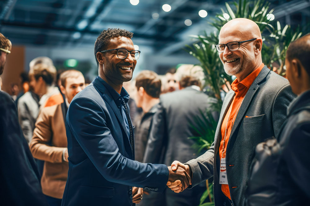 Strong handshake exchanged at a professional networking event or a conference.